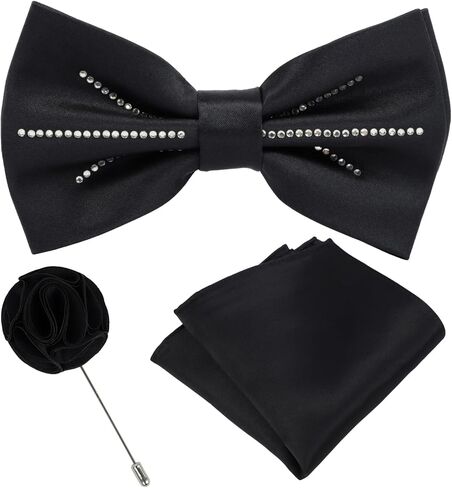 Mens Rhinestone Bow Tie Pocket Square Lapel Pin Set for Men Adjustable Pre-Tied Luxurious Sparkle Bowtie Party Wedding in Kuwait
