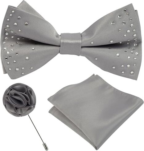 Mens Rhinestone Bow Tie Pocket Square Lapel Pin Set for Men Adjustable Pre-Tied Luxurious Sparkle Bowtie Party Wedding in Kuwait