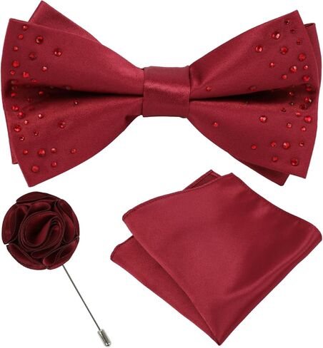 Mens Rhinestone Bow Tie Pocket Square Lapel Pin Set for Men Adjustable Pre-Tied Luxurious Sparkle Bowtie Party Wedding in Kuwait