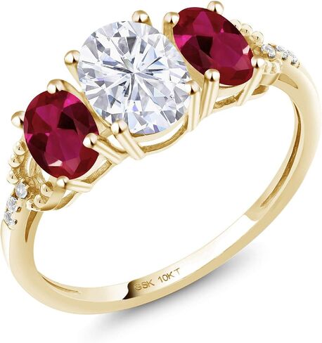 Gem Stone King 10K Yellow Gold Red Created Ruby White Moissanite and Diamond Accent 3-Stone Engagement Ring For Women | 1.92 Cttw | Wedding Engagement Anniversary Promise Ring For Women in Kuwait