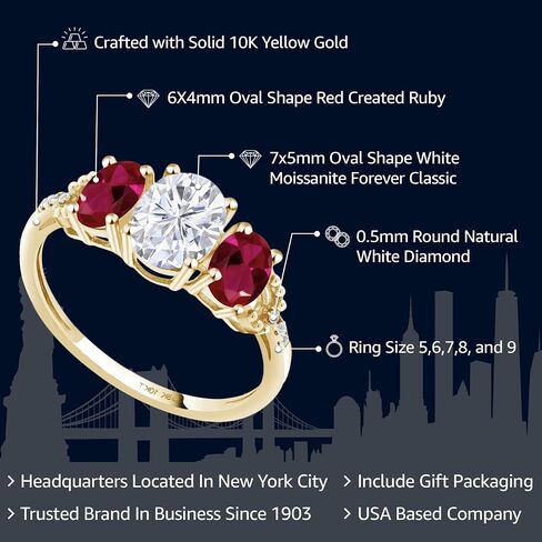 Gem Stone King 10K Yellow Gold Red Created Ruby White Moissanite and Diamond Accent 3-Stone Engagement Ring For Women | 1.92 Cttw | Wedding Engagement Anniversary Promise Ring For Women in Kuwait