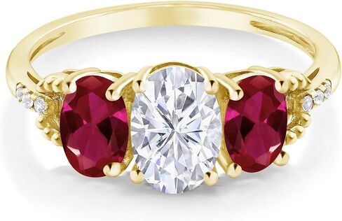 Gem Stone King 10K Yellow Gold Red Created Ruby White Moissanite and Diamond Accent 3-Stone Engagement Ring For Women | 1.92 Cttw | Wedding Engagement Anniversary Promise Ring For Women in Kuwait