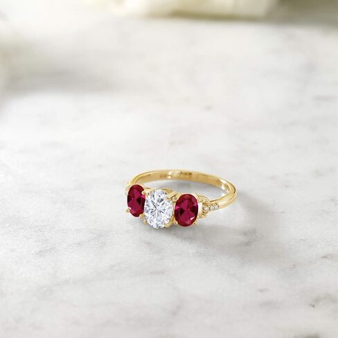Gem Stone King 10K Yellow Gold Red Created Ruby White Moissanite and Diamond Accent 3-Stone Engagement Ring For Women | 1.92 Cttw | Wedding Engagement Anniversary Promise Ring For Women in Kuwait