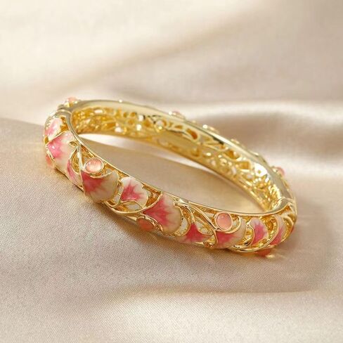 Cloisonne Bracelet,Enamel Bracelet, Pink Purple Ginkgo Leaf Bracelets Traditional Cloisonne Enamel Ethnic Spring Hinged Cuff Bangles for Women in Saudi Arabia