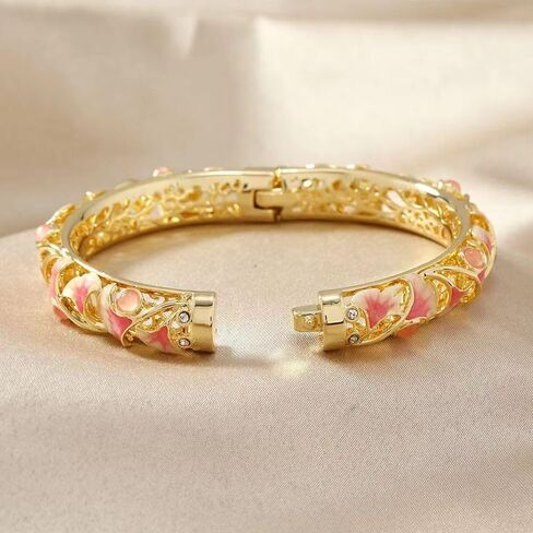 Cloisonne Bracelet,Enamel Bracelet, Pink Purple Ginkgo Leaf Bracelets Traditional Cloisonne Enamel Ethnic Spring Hinged Cuff Bangles for Women in Saudi Arabia