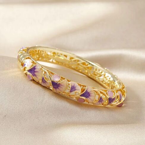 Cloisonne Bracelet,Enamel Bracelet, Pink Purple Ginkgo Leaf Bracelets Traditional Cloisonne Enamel Ethnic Spring Hinged Cuff Bangles for Women in Saudi Arabia