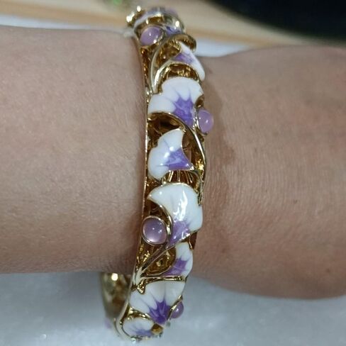 Cloisonne Bracelet,Enamel Bracelet, Pink Purple Ginkgo Leaf Bracelets Traditional Cloisonne Enamel Ethnic Spring Hinged Cuff Bangles for Women in Saudi Arabia