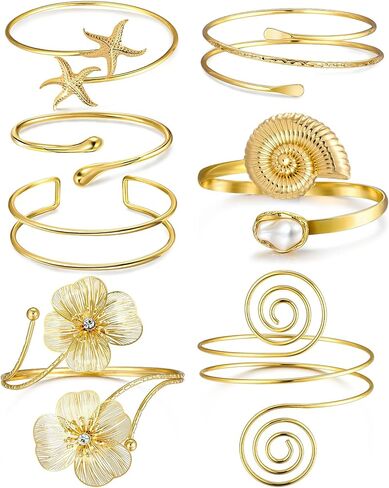 7PCS Gold Arm Cuff Bracelet for Women Statement Adjustable Upper Arm Cuffs Gold Bangle Band Armlet Cuff Bracelet set Stackable Jewelry in Saudi Arabia