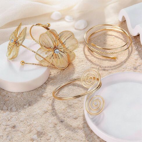 7PCS Gold Arm Cuff Bracelet for Women Statement Adjustable Upper Arm Cuffs Gold Bangle Band Armlet Cuff Bracelet set Stackable Jewelry in Saudi Arabia