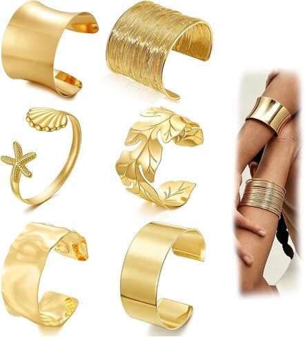 COLOYAN 6PCS Gold Cuff Bangle Bracelets for Women | Sturdy Durable Open Gold Wrist Cuff Bangle,Boho Beach Style, Starfish Shell Leaf Design, Dresses, Vacations, Nights out in Saudi Arabia