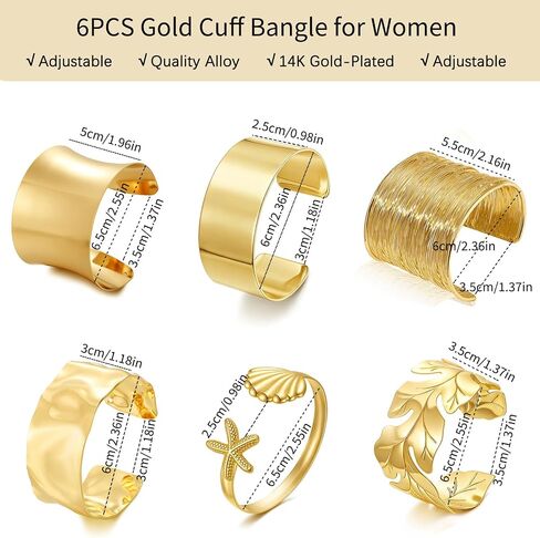 COLOYAN 6PCS Gold Cuff Bangle Bracelets for Women | Sturdy Durable Open Gold Wrist Cuff Bangle,Boho Beach Style, Starfish Shell Leaf Design, Dresses, Vacations, Nights out in Saudi Arabia