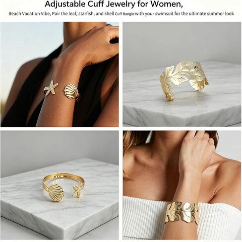 COLOYAN 6PCS Gold Cuff Bangle Bracelets for Women | Sturdy Durable Open Gold Wrist Cuff Bangle,Boho Beach Style, Starfish Shell Leaf Design, Dresses, Vacations, Nights out in Saudi Arabia