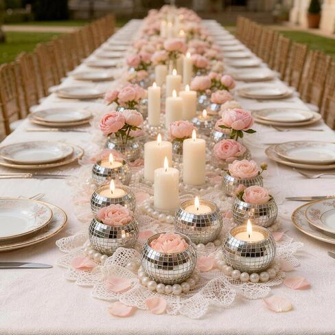 24 Pcs Disco Ball Candle Holders, 2x2.6 Inch Silver Mirror Glass Candle Holders, Disco Ball Centerpieces Table Decor for Wedding Birthday Party in Saudi Arabia