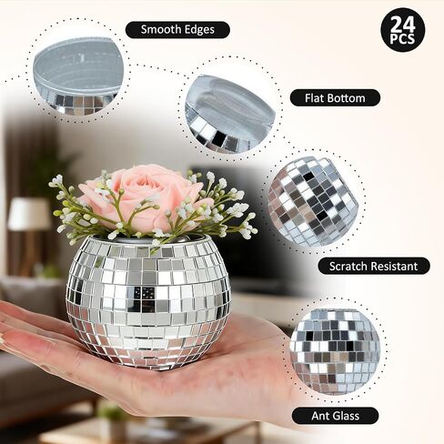 24 Pcs Disco Ball Candle Holders, 2x2.6 Inch Silver Mirror Glass Candle Holders, Disco Ball Centerpieces Table Decor for Wedding Birthday Party in Saudi Arabia