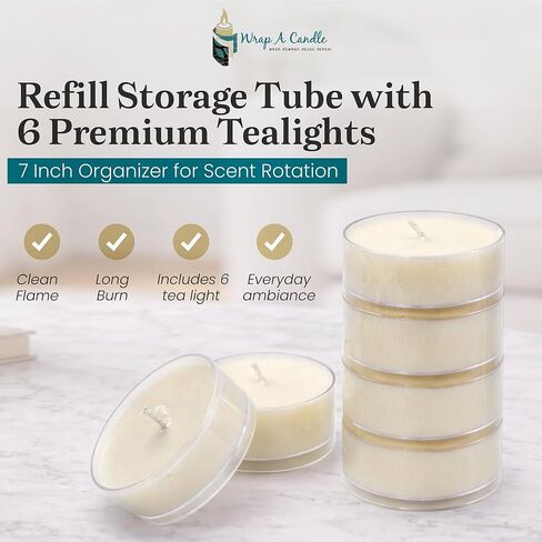 Jumbo Tealight Tower, Refill Storage Tube with 6 Premium Tealights, Fits Tall Wrap A Candle Base, 7 Inch Organizer for Scent Rotation, Vanilla Citrus Fresh Spice Holiday Unscented Choice, Gift Décor in Kuwait