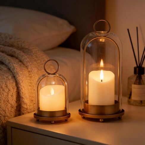 Hurricane Glass Candle Holders Set of 2 with Brass Accents - Versatile Hanging or Tabletop Design for Coffee Table & Wall Decor, Ideal for Pillar Candles in Saudi Arabia