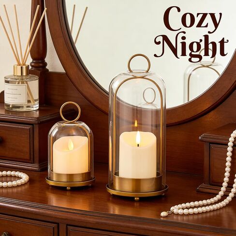 Hurricane Glass Candle Holders Set of 2 with Brass Accents - Versatile Hanging or Tabletop Design for Coffee Table & Wall Decor, Ideal for Pillar Candles in Saudi Arabia