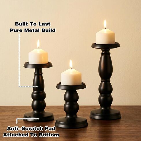 3 Pcs Matte Black Pillar Candle Holder Set Tall Iron Candlestick Holders for 3 Inch & 4 Inch Candles, Vintage Home Decor Centerpiece for Fireplace, Dining, Living Room in Saudi Arabia