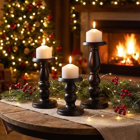 3 Pcs Matte Black Pillar Candle Holder Set Tall Iron Candlestick Holders for 3 Inch & 4 Inch Candles, Vintage Home Decor Centerpiece for Fireplace, Dining, Living Room in Saudi Arabia