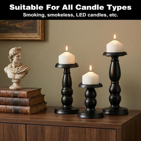 3 Pcs Matte Black Pillar Candle Holder Set Tall Iron Candlestick Holders for 3 Inch & 4 Inch Candles, Vintage Home Decor Centerpiece for Fireplace, Dining, Living Room in Saudi Arabia