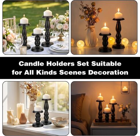 3 Pcs Matte Black Pillar Candle Holder Set Tall Iron Candlestick Holders for 3 Inch & 4 Inch Candles, Vintage Home Decor Centerpiece for Fireplace, Dining, Living Room in Saudi Arabia