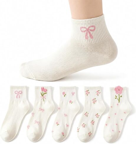 5 Pack Cute Flower Bow Socks for Women & Teen Girls, Soft Cotton Ankle Socks, Breathable Fun Socks with Pink Design, White, One Size in Saudi Arabia