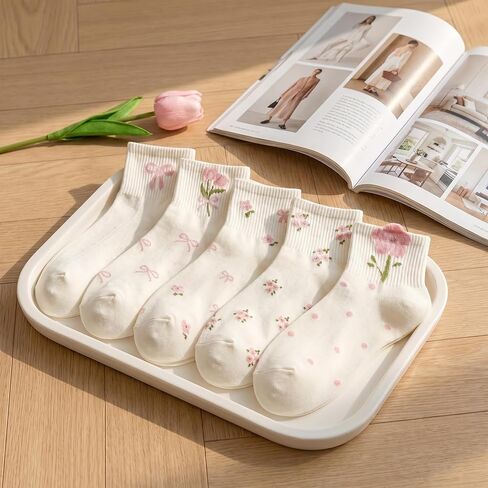 5 Pack Cute Flower Bow Socks for Women & Teen Girls, Soft Cotton Ankle Socks, Breathable Fun Socks with Pink Design, White, One Size in Saudi Arabia
