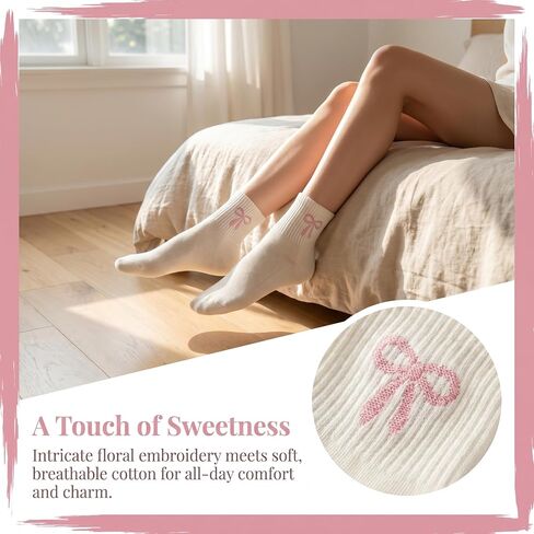 5 Pack Cute Flower Bow Socks for Women & Teen Girls, Soft Cotton Ankle Socks, Breathable Fun Socks with Pink Design, White, One Size in Saudi Arabia
