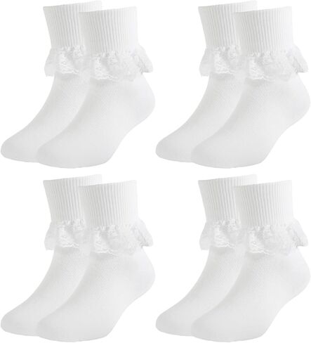 4 Pairs Girls Ruffle Socks, Cotton Frill Lace Ankle Dress Socks for Kids, Princess Party & School Uniform in Kuwait