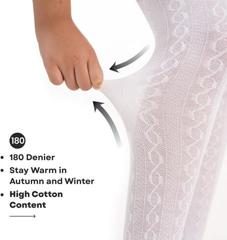 2-13 Years Girls Cable Knit Tights, 2 Pack, 180 Denier Cotton Blend Thick Leggings (White, Pink, Black) in Saudi Arabia