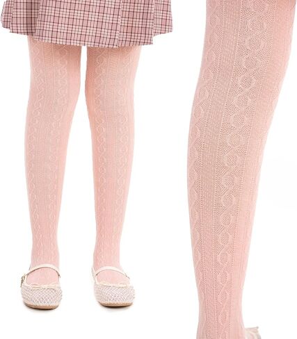 2-13 Years Girls Cable Knit Tights, 2 Pack, 180 Denier Cotton Blend Thick Leggings (White, Pink, Black) in Saudi Arabia