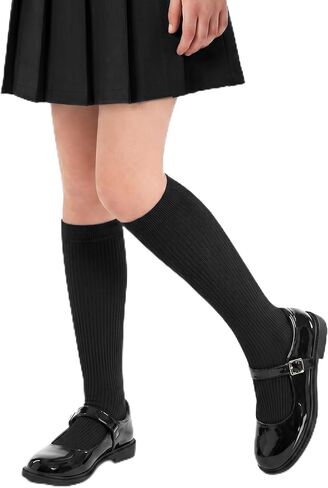 HONGTEYA 3 Pairs Girls Knee High Socks Stripes Cotton Dress Sock Uniform Long Seamless Toe Kids Socks 4-14 Years in Kuwait