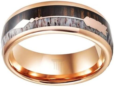 Thin 18K Rose Gold Ring with Deer Antler and Koa Wood Inlay Rustic 6mm Wooden Mens Wedding Bands Tungsten Ring for Men in Saudi Arabia