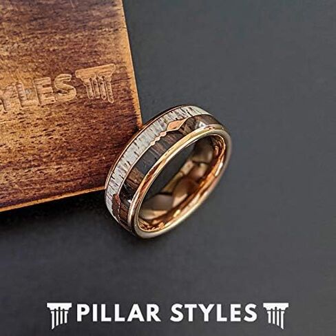 Thin 18K Rose Gold Ring with Deer Antler and Koa Wood Inlay Rustic 6mm Wooden Mens Wedding Bands Tungsten Ring for Men in Saudi Arabia