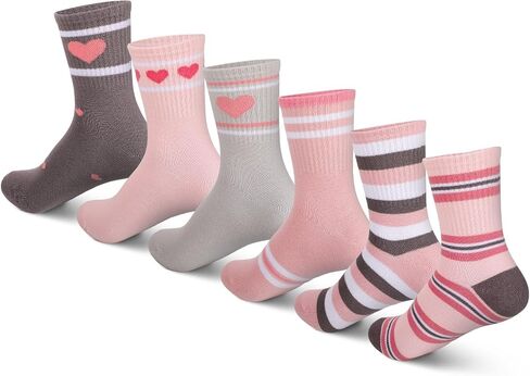 6 Pairs Girls Crew Socks Pink Grey Kids Cotton Socks with Hearts Stripes in Kuwait