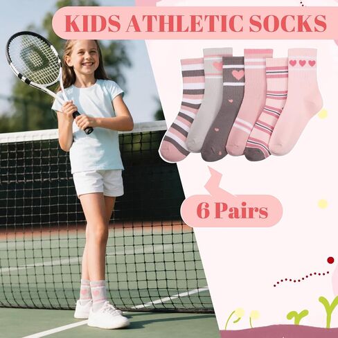 6 Pairs Girls Crew Socks Pink Grey Kids Cotton Socks with Hearts Stripes in Kuwait