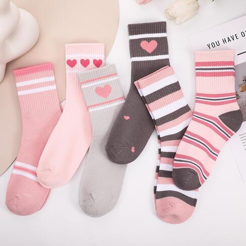 6 Pairs Girls Crew Socks Pink Grey Kids Cotton Socks with Hearts Stripes in Kuwait
