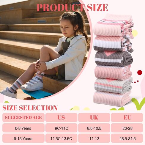 6 Pairs Girls Crew Socks Pink Grey Kids Cotton Socks with Hearts Stripes in Kuwait
