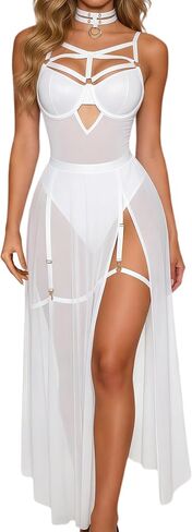 SEAUR Women Sexy Babydoll Lingerie Set PU Halter Bra Top Mesh Bodysuit High Waist Split Sheer Maxi Skirt Nightgown in Kuwait