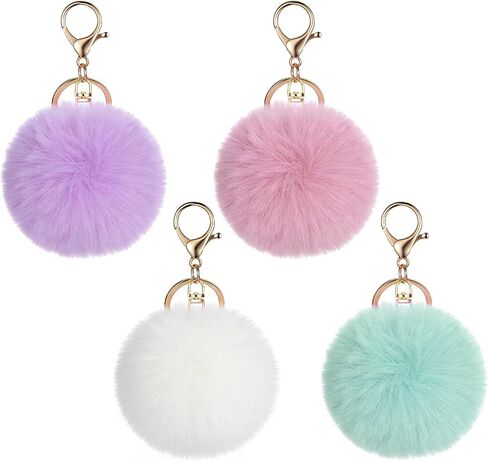4 Pcs Pom Pom Keychains, Artificial Fur Ball Keychain Charms Ball Keyrings, Soft Fluffy Plush Tote Pendant Pompom Key Chains, Cute Colorful Car Bag Charm Purse Bag Accessories for Women (4 Colors) in Kuwait