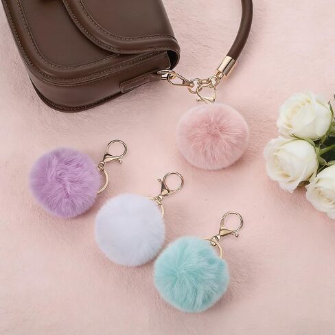 4 Pcs Pom Pom Keychains, Artificial Fur Ball Keychain Charms Ball Keyrings, Soft Fluffy Plush Tote Pendant Pompom Key Chains, Cute Colorful Car Bag Charm Purse Bag Accessories for Women (4 Colors) in Kuwait