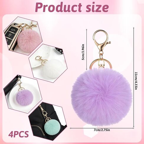 4 Pcs Pom Pom Keychains, Artificial Fur Ball Keychain Charms Ball Keyrings, Soft Fluffy Plush Tote Pendant Pompom Key Chains, Cute Colorful Car Bag Charm Purse Bag Accessories for Women (4 Colors) in Kuwait