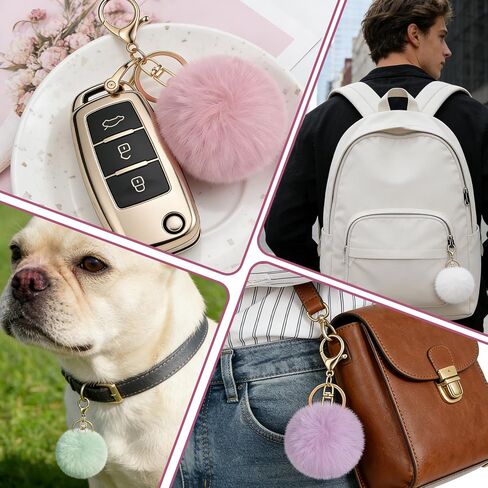 4 Pcs Pom Pom Keychains, Artificial Fur Ball Keychain Charms Ball Keyrings, Soft Fluffy Plush Tote Pendant Pompom Key Chains, Cute Colorful Car Bag Charm Purse Bag Accessories for Women (4 Colors) in Kuwait