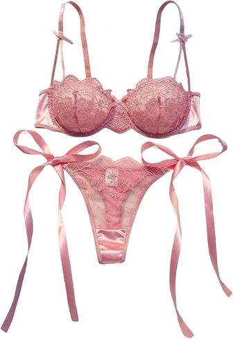 SHENHE Women's Sheer Lingerie Set Floral Embroidered Underwire Bra and Panty Set Satin Lingerie in Kuwait
