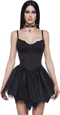 Dolls Kill Fleeting Optimism Mini Dress by Widow – Twill Corset Mini Dress with Mesh Skirt and Back Lacing for Gothic Fashion in Saudi Arabia