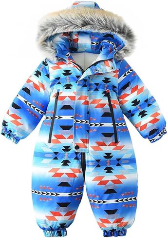Kids Snow Suit One-Piece Waterproof Thicken Hooded Snowsuit Thermal Winter Windproof Ski Overalls for Boys Girls 1-5Y in Kuwait