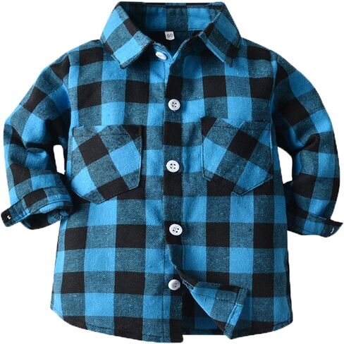 Toddlers and Baby Boys' Button Down Plaid Flannel Shirt Girls Long Sleeve Lapel Collar Checkered Dress Shirts Trendy Shacket in Kuwait