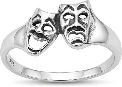S925 Sterling Silver Elegant Smile Now Cry Later Ring · Artisan Polished Comedy & Tragedy Drama Mask Band · Size 4-10 in Saudi Arabia