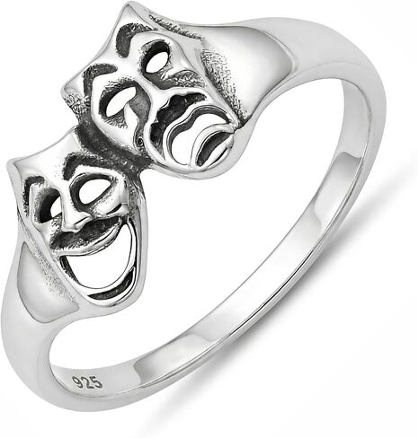 S925 Sterling Silver Elegant Smile Now Cry Later Ring · Artisan Polished Comedy & Tragedy Drama Mask Band · Size 4-10 in Saudi Arabia
