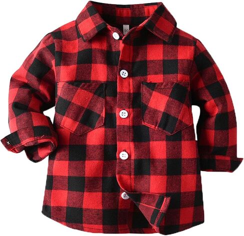 Toddlers and Baby Boys' Button Down Plaid Flannel Shirt Girls Long Sleeve Lapel Collar Checkered Dress Shirts Trendy Shacket in Kuwait